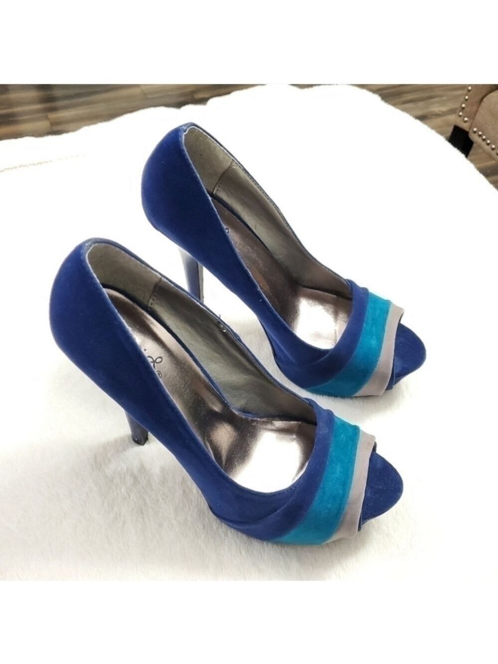 Blue Velvet Peep Toe Colorblock High Heel Pumps